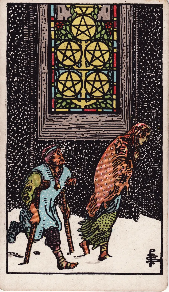 タロットカード「ペンタクルの5」（ライダー版）